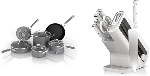 Ninja CW69010 NeverStick Comfort Grip 10-Piece Cookware Set, Nonstick, Durable, Scratch Resistant & K12007WHBN NeverDull 7-Piece Prep Knife System, Essential, High Carbon Stainless Steel