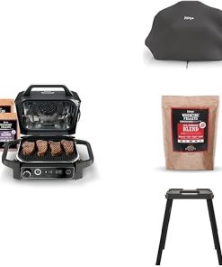 Ninja OG751BRN Woodfire Pro Outdoor Grill and Smoker with Built in Thermometer, 7 in 1 Master Grill, Grey, Electric, with XSKCOVER Cover + XSKOP2RL All Purpose Blend Pellets+XSKUNSTAND Stand