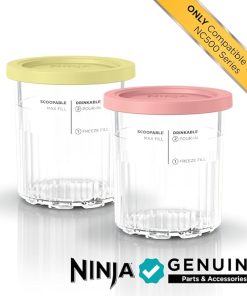 Ninja Creami Deluxe Pints 2 Pack, Compatible with NC500 Series Creami Deluxe Ice Cream Makers, Genuine Ninja Pint, BPA-Free & Dishwasher Safe, Color Lids, 1 Pint Each, Clear/Coral/Yellow, XSKPNTLD2​ 2