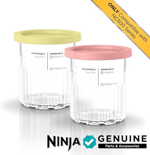 Ninja Creami Deluxe Pints 2 Pack, Compatible with NC500 Series Creami Deluxe Ice Cream Makers, Genuine Ninja Pint, BPA-Free & Dishwasher Safe, Color Lids, 1 Pint Each, Clear/Coral/Yellow, XSKPNTLD2​ - Image 2