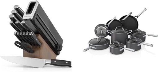 Ninja K52015 Foodi NeverDull 15 Piece Premium Knife System, Wood Series Block, German Stainless Steel & C39600 Foodi NeverStick Premium Hard-Anodized 13-Piece Cookware Set, Grey