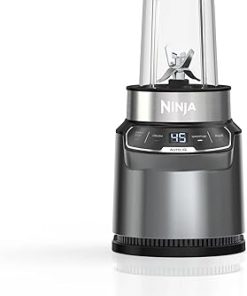 Ninja BN400 Nutri Pro Compact Personal Blender, Auto-iQ Technology, 1000-Watts, for Frozen Drinks, Smoothies, Sauces & More, with 18-oz. & 24-oz. To-Go Cups & Spout Lids, Stone Silver (Renewed)