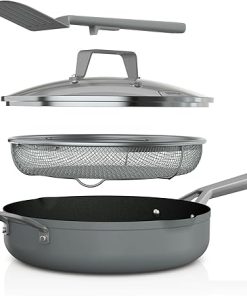 Ninja Foodi NeverStick Oven Safe Pan with Lid, Mesh Strainer, & Spatula, 4 Quart, Sea Salt Grey