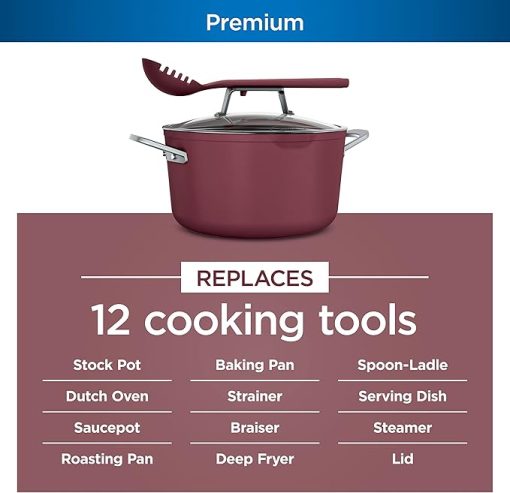 Ninja CW202RD Foodi NeverStick PossiblePot, Premium Set with 7-Quart Capacity Pot, Roasting Rack, Glass Lid & Integrated Spoon, Nonstick, Durable & Oven Safe to 500°F, Cherry Tart - Image 2