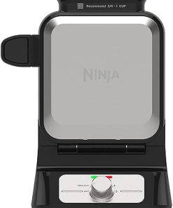 Ninja BW1001 NeverStick PRO Belgian Waffle Maker, Vertical Design, 5 Shade Settings, with Precision-Pour Cup & Chef-curated Recipe Guide, Black & Silver