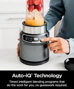 Ninja BN400 Nutri Pro Compact Personal Blender, Auto-iQ Technology, 1000-Watts, for Frozen Drinks, Smoothies, Sauces & More, with 18-oz. & 24-oz. To-Go Cups & Spout Lids, Stone Silver (Renewed) 2