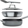 Ninja Foodi NeverStick 4 Quart Pan with Lid, Strainer, & Spatula, Oven Safe, Sea Salt Grey