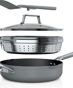 Ninja Foodi NeverStick 4 Quart Pan with Lid, Strainer, & Spatula, Oven Safe, Sea Salt Grey