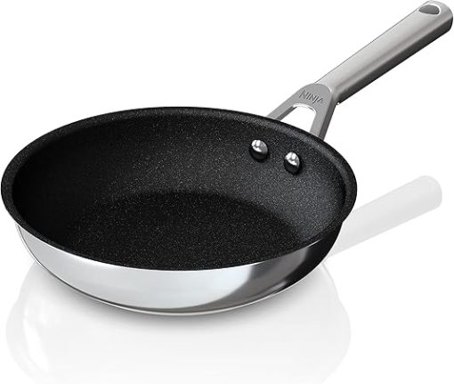 Ninja C60020 Foodi NeverStick Stainless 8-Inch Fry Pan, Polished Stainless-Steel Exterior, Nonstick, Durable & Oven Safe to 500°F, Silver
