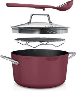 Ninja CW202RD Foodi NeverStick PossiblePot, Premium Set with 7-Quart Capacity Pot, Roasting Rack, Glass Lid & Integrated Spoon, Nonstick, Durable & Oven Safe to 500°F, Cherry Tart