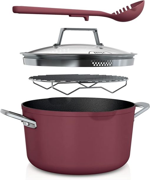 Ninja CW202RD Foodi NeverStick PossiblePot, Premium Set with 7-Quart Capacity Pot, Roasting Rack, Glass Lid & Integrated Spoon, Nonstick, Durable & Oven Safe to 500°F, Cherry Tart
