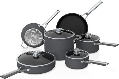 Ninja NeverStick Premium 10 Piece Pots & Frying Pans Set, with Glass Lids, Nesting, Hard Anodized, Kitchen Cookware Sets Nonstick, Durable & Oven Safe to 500°F, Slate Grey, C59500 - Image 2