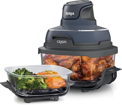 Ninja Crispi Air Fryer, Microwave, Freezer & Dishwasher Safe, Non Toxic Glass Portable Cooking System, 4 QT & 6 Cup Glass Containers with Storage Lids, Easy Meals, Air Fry, Bake, & More Grey, FN101CGY