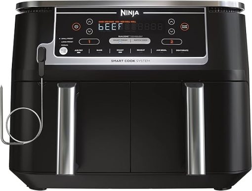 Ninja DZ550 Foodi 10 Quart 6-in-1 DualZone Smart XL Air Fryer with 2 Independent Baskets, Smart Cook Thermometer for Perfect Doneness, Match Cook & Smart Finish to Roast, Dehydrate & More, Grey (Renewed)