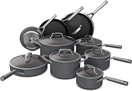 Ninja Cookware, Ninja NeverStick Professional, 16-Piece Pots and Pans Set, Non Stick Frying Pans, Kitchen Essentials, Stock Pot, Sauce Pan, Glass Lids, Saute Pan, All Stovetops, Black, C39900