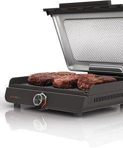 Ninja GR100 Sizzle Smokeless Indoor Grill with Nonstick Grill Plate, Dishwasher-Safe Removable Mesh Lid, 500F Max Heat, Even Edge-to-Edge Cooking, Black (Renewed)