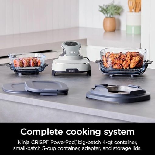 Ninja FN100WH Crispi Air Fryer, Microwave, Freezer & Dishwasher Safe, Non Toxic Glass Portable Cooking System, 4 QT & 5 Cup Glass Containers with Storage Lids, Easy Meals, White (Renewed) - Image 2