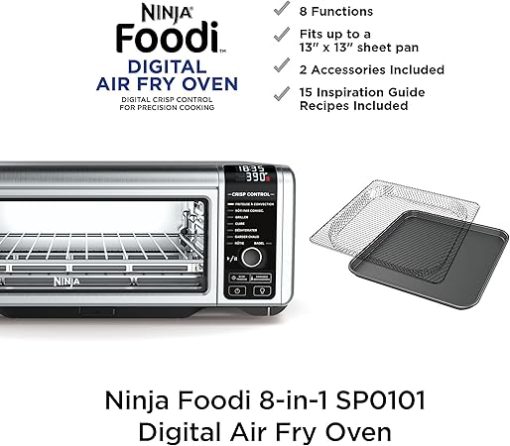 Ninja SP101 Digital Air Fry Countertop Oven with 8-in-1 Functionality, Flip Up & Away Capability for Storage Space, with Air Fry Basket, Wire Rack & Crumb Tray, Silver - Image 2