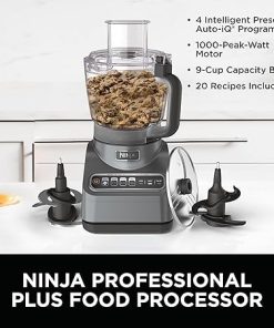 Ninja Food Processor, Professional Plus, 1000 Peak Watts, 4 Functions for Chopping, Slicing, Purees & Dough with 9-Cup Processor Bowl, 3 Blades, Food Chute & Pusher, Silver, BN601 2