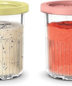 Ninja Creami Deluxe Pints 2 Pack, Compatible with NC500 Series Creami Deluxe Ice Cream Makers, Genuine Ninja Pint, BPA-Free & Dishwasher Safe, Color Lids, 1 Pint Each, Clear/Coral/Yellow, XSKPNTLD2​
