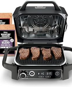 Ninja | Woodfire Series | 7-in-1 (Grill, BBQ, Roast, Air Fry, Dehydrate, Broil, Smoke) | Portable & Weather Resistant | Cook Up To 6 Steaks & 30 Hot Dogs | Woodfire Pellets included | OG701